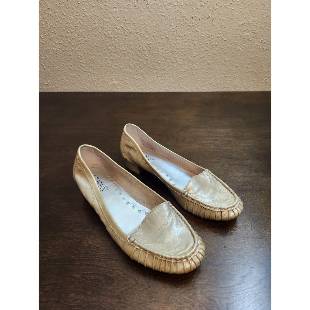 Franco Sarto‎ Womens 9M Gold Leather Loafers Metallic Pleated Moc Toe Block Heel